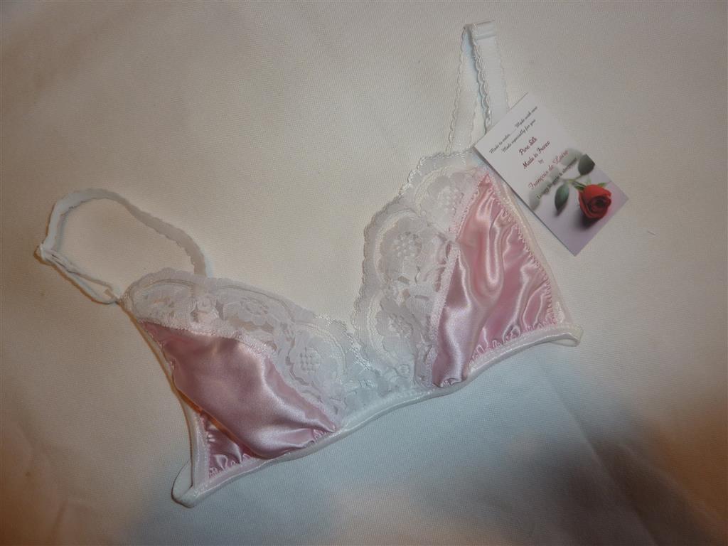 Pale Pink Satin and White Lace Bra